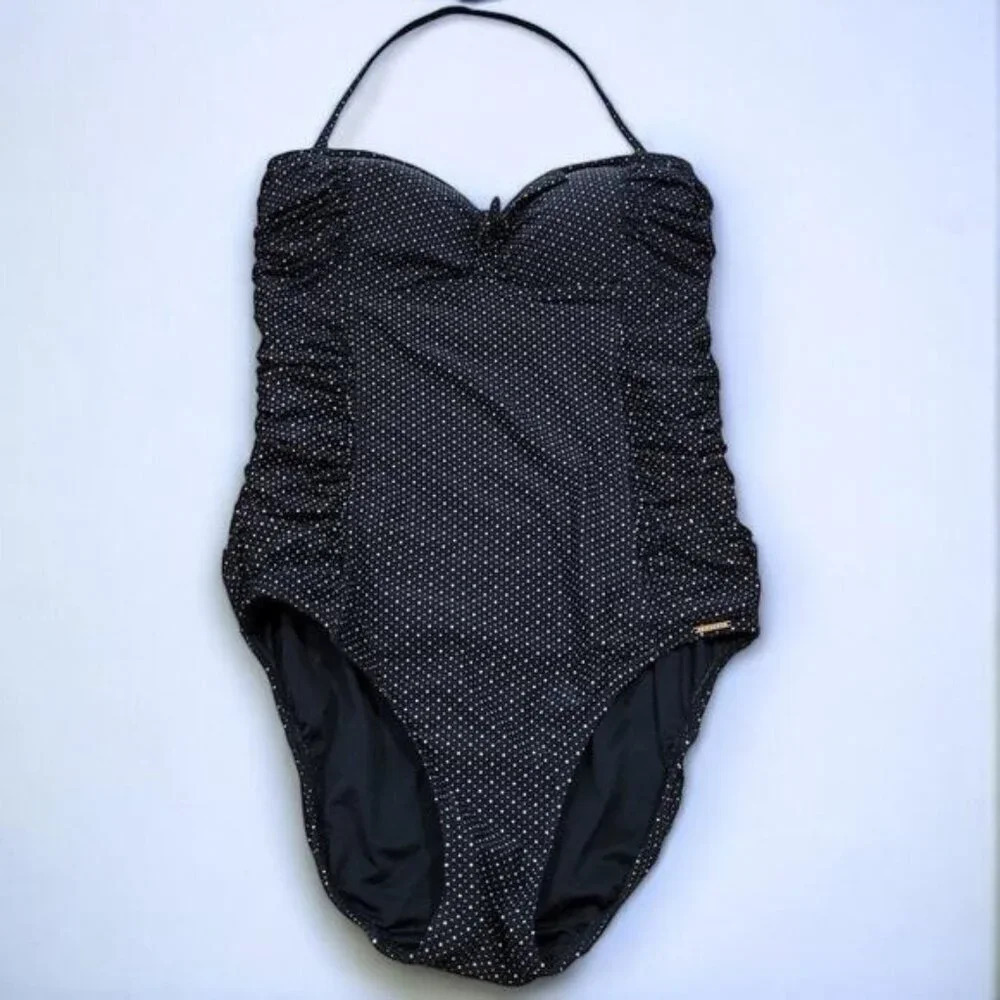 Azura Black Polka Dot One Piece Swimsuit‎ Strapless or Halter - Size 10